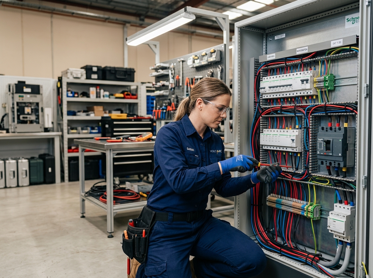 Professional electrician working on electrical panel