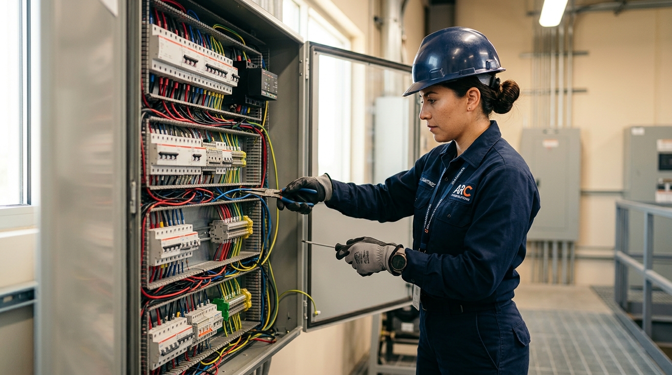 Professional electrician working on a modern electrical distribution panel